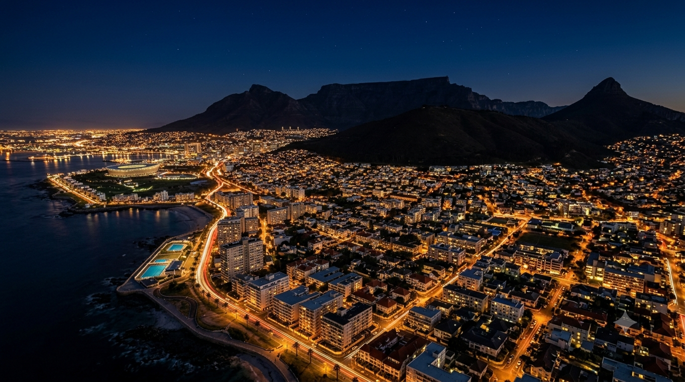 Cape Town at night from above, Table Mountain in the background